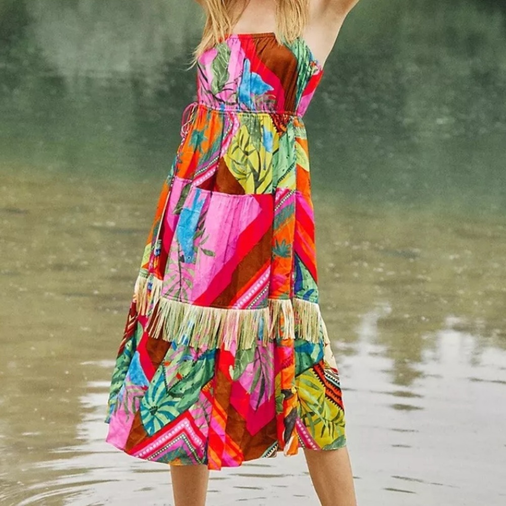 FARM Rio Summer Scarf Palila fringed Midi Dress multicolor